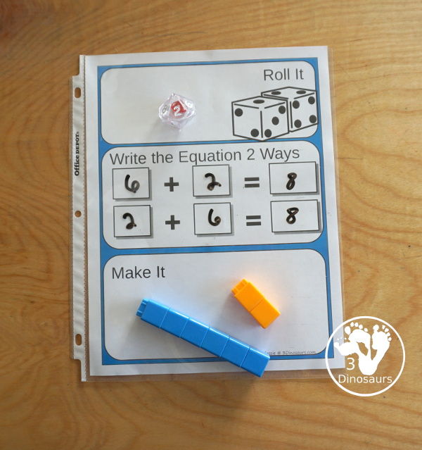 Free Addition Roll & Make Mats - with 10 colors to pick from with rolling area, writing equation area, and building area. You also have a recording sheet - 3Dinosaurs.com