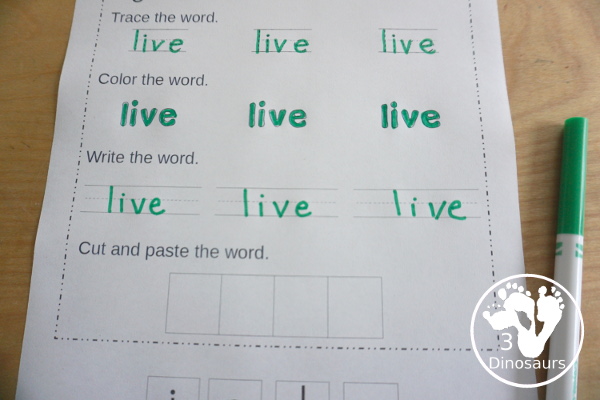 Free First Grade Sight Word Trace, Color, Write, Cut & Paste - all 41 dolch first grade sight words in an easy to use worksheet that has trace, coloring, writing, and cut and paste for the sight words - 3Dinosaurs.com
