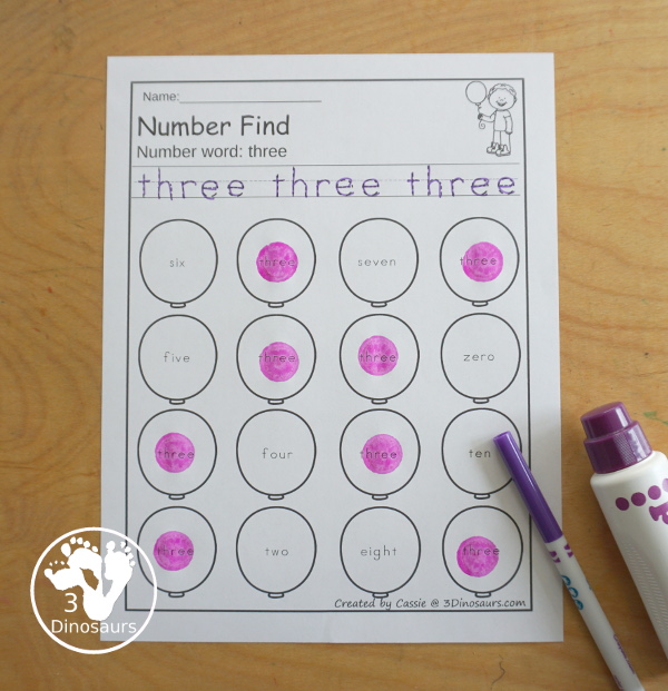 Free Balloon Number Word Counting 0 to 10 Book | 3 Dinosaurs