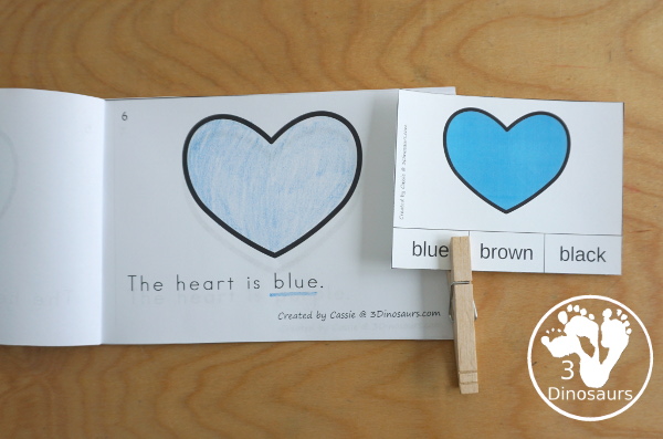 Free Heart Color Easy Reader Book & Clip Cards - 12 pages book with 11 colors and matching clip cards to work on color words - 3Dinosaurs.com