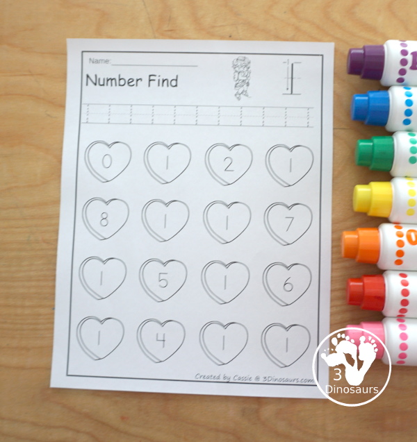 Valentines Number Find for Number Identification | 3 Dinosaurs