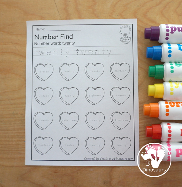 Valentines Number Find for Number Identification | 3 Dinosaurs