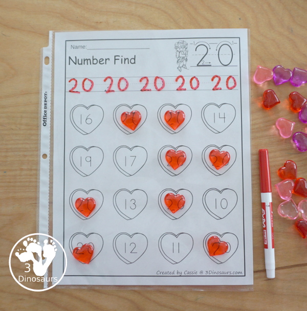 Valentines Number Find for Number Identification | 3 Dinosaurs