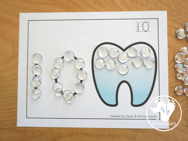 Tooth Dot the Number & Counting: - Numbers 1 to 20 with color and black and white options. You dot the number and then count the dots on the tooth. - 3Dinosaurs.com