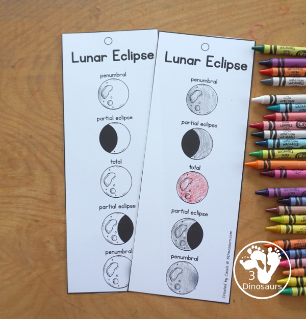 Free Total Lunar Eclipse Bookmarks with the order of events for a total lunar eclipse with pictures for kids to use to mark what they have seen. 3Dinosaurs.com