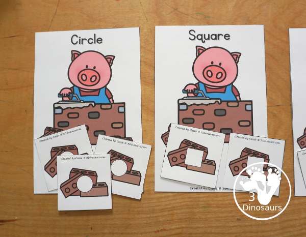 Free Three Little Pigs Shape Sorting Printable - has sorting for four shapes: circle, square, triangle, rectangle. There are four sorting mats and 6 bricks for each shape mat to sort - 3Dinosaurs.com - 3Dinosaurs.com