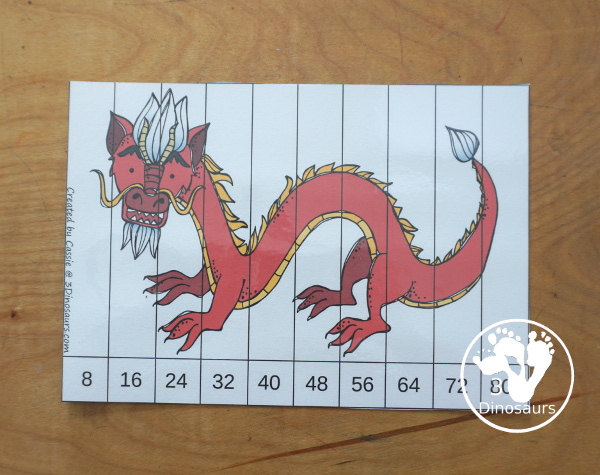 Free Lunar New Year Skip Counting Puzzles by 6, 8 & 9 - three fun skip counting puzzles you can do with kids for the Lunar New Year. You skip counting 10 times for each puzzle. - 3Dinosaurs.com