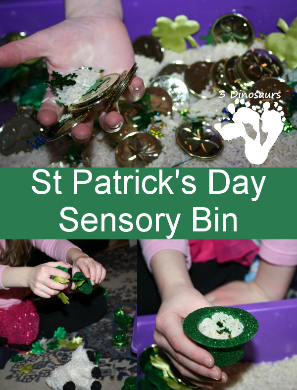 Easy St Patrick’s Day Rice Sensory Bin | 3 Dinosaurs