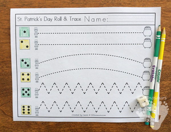 Free St. Patrick's Day Roll & Trace Prewriting - 2 prewriting sheets in two different line types - 3Dinosaurs.com