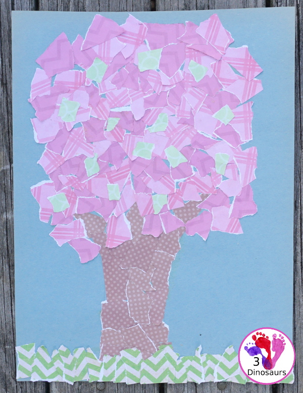 Torn Scrapbook Paper Spring Tree - fun and easy craft for different ages to work on together with work on fine motor skills to make a fun spring craft - 3Dinosaurs.com