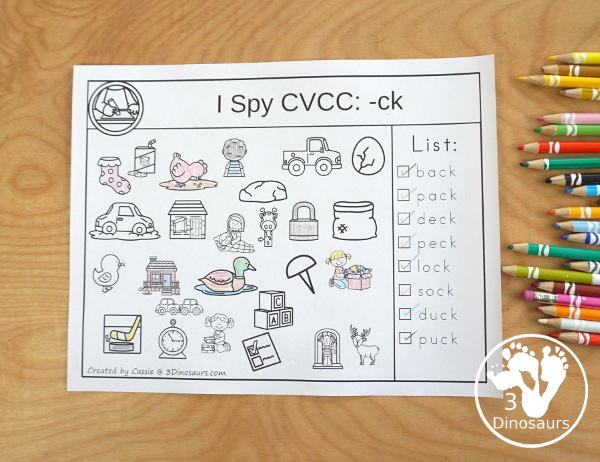 CVCC I Spy - LL & -CK Word Families - two set of pages for each ending. You have find the words and then color the word ending - 3Dinosaurs.com
