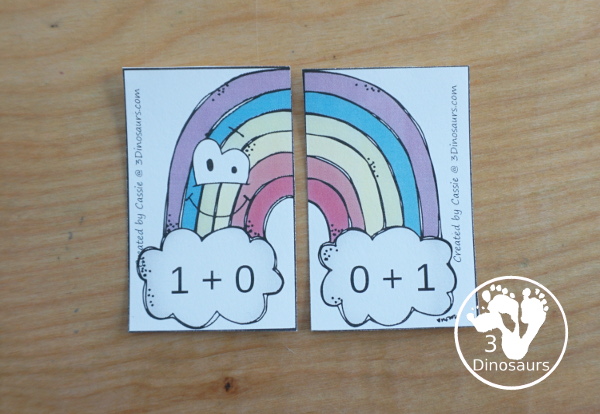 Free Rainbow Addition Matching - a fun addition matching game adding numbers from 1 to 20 with two piece puzzles and matching number bond mat for kindergarten and first grade - 3Dinosaurs.com