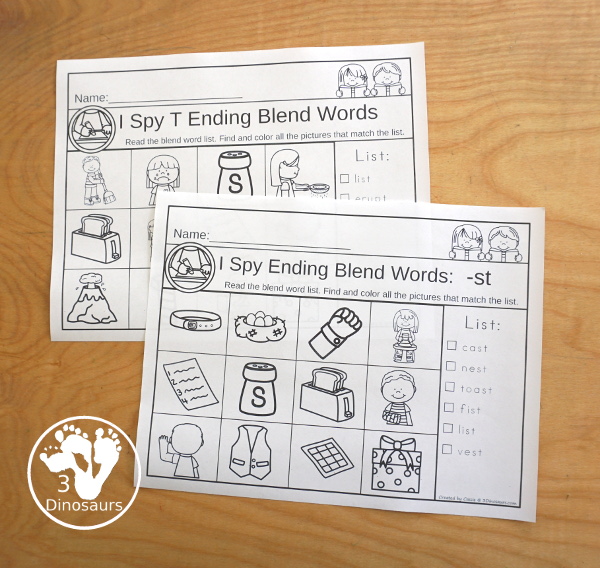 Ending Blends I-Spy Set Printables with 33 pages of pritnables that work on the following ending blends: -ct, -ft, -ld, -lf, -lk, -lp, -lt, -mp, -nd, -ng, -nk, -nt, -pt, -sk, -sp, -st. You have five to seven words to find on each page - 3Dinosaurs.com