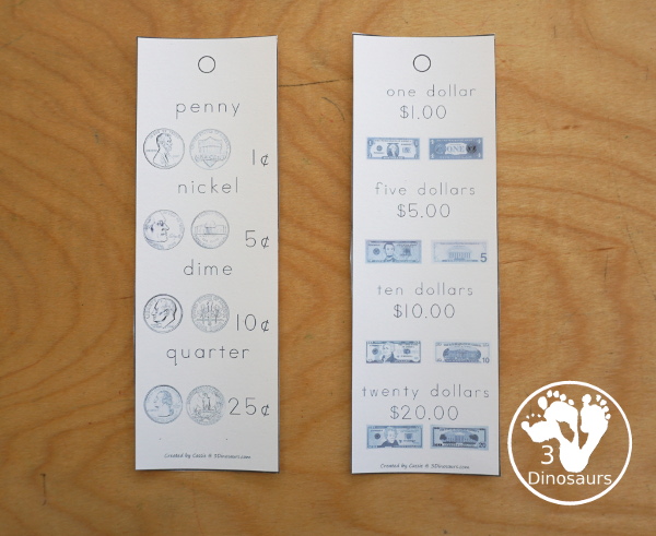 Money Bookmark Set - they have penny, nickel, dime, quarter, 1 dollar, 5 dollar, 10 dollar, and 20 dollar for the bookmarks. They have color and black and white options with single bookmark for the coins and dollars.- 3Dinosaurs.com