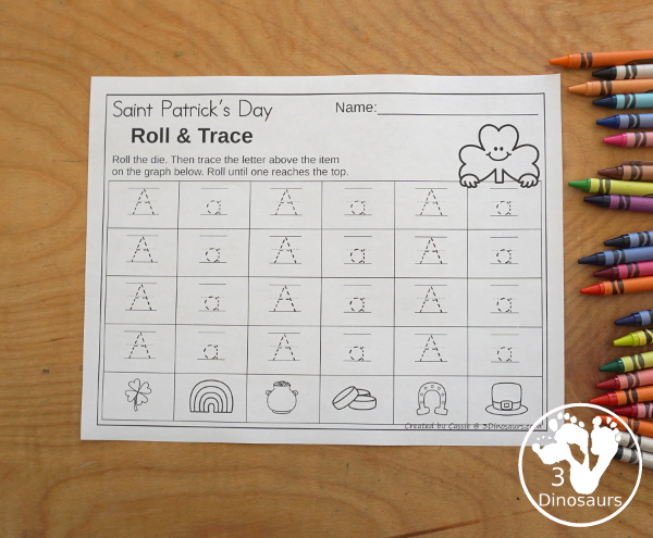 St. Patrick's Day Roll & Graph With Trace Letters, Numbers & Shapes with a folding die and cube die with a graphing sheet, graphing with tracing numbers, graphing with tracing letters and graphing with tracing shapes. All with a fun St. Patrick's Day Theme for prek and kindergarten - 3Dinosaurs.com