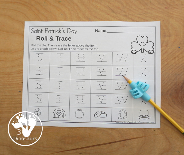 St. Patrick's Day Roll & Graph With Trace Letters, Numbers & Shapes with a folding die and cube die with a graphing sheet, graphing with tracing numbers, graphing with tracing letters and graphing with tracing shapes. All with a fun St. Patrick's Day Theme for prek and kindergarten - 3Dinosaurs.com