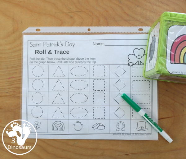 St. Patrick's Day Roll & Graph With Trace Letters, Numbers & Shapes with a folding die and cube die with a graphing sheet, graphing with tracing numbers, graphing with tracing letters and graphing with tracing shapes. All with a fun St. Patrick's Day Theme for prek and kindergarten - 3Dinosaurs.com