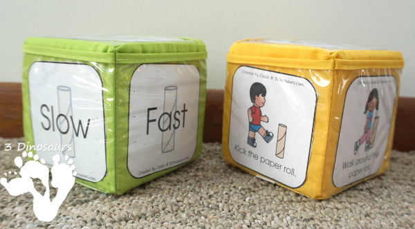 Free Paper Roll Themed Gross Motor Dice - 3 action movements included with dice and dice inserts - 3Dinosaurs.com