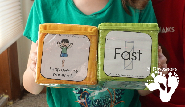 Free Paper Roll Themed Gross Motor Dice - 3 action movements included with dice and dice inserts - 3Dinosaurs.com