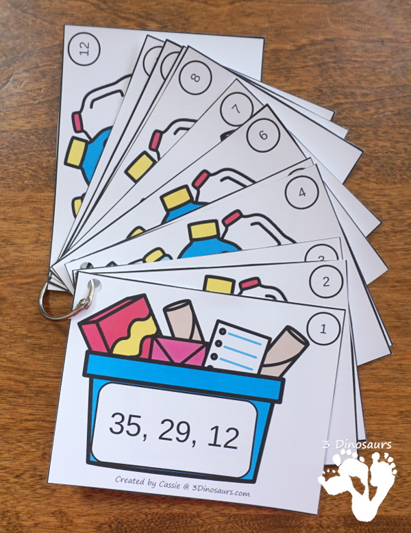 Recycling Themed Number Order Task Cards | 3 Dinosaurs