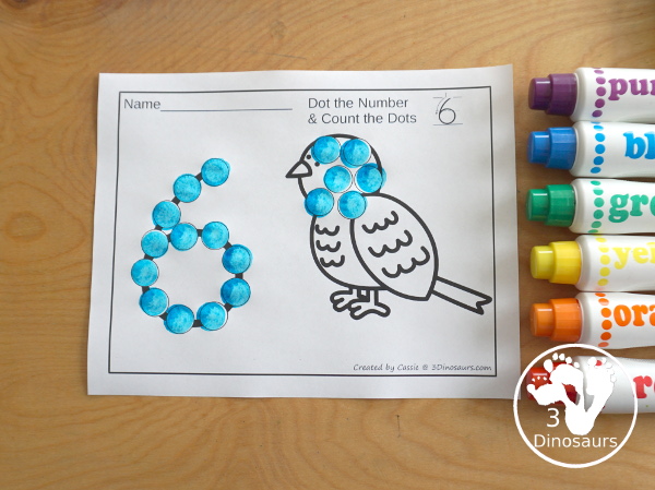 Bird Dot the Number & Counting: - Numbers 1 to 20 - with dot the number and the count and dot the circles on the bird - 3Dinosaurs.com - 3Dinosaurs.com