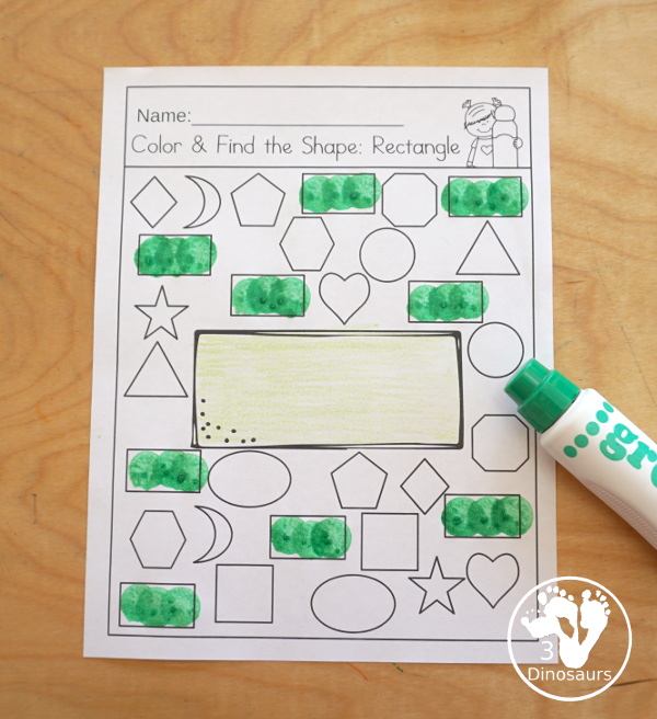 Color the Shape and Find the Shape - with 13 shapes for kids to color and then find and color the same shape for kids in prek and kindergarten - 3Dinosaurs.com