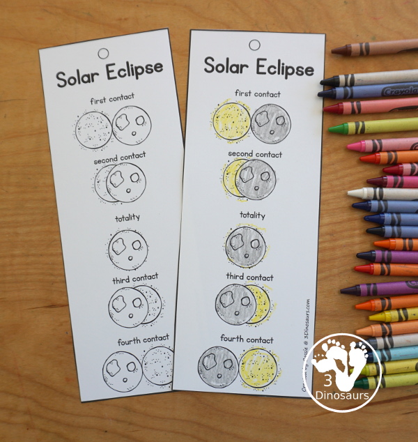 Free Total Solar Eclipse Bookmarks with the order of events for a total solar eclipse with pictures for kids to use to mark what they have seen. 3Dinosaurs.com