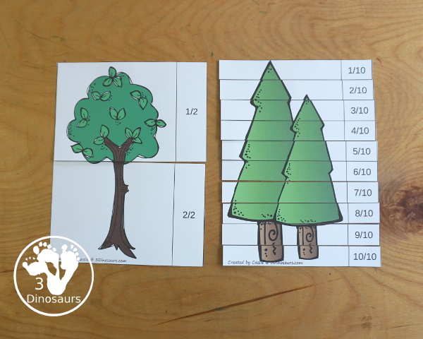 Free Tree Fraction Puzzle Printables - it has 7 fraction puzzles with 2, 3, 4, 5, 6, 8, 10 for the parts for the fractions - 3Dinosaurs.com