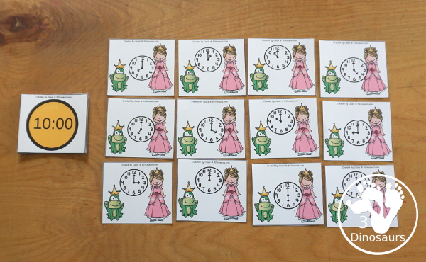 Free Frog Prince Telling Time Matching Cards - with hourly matching cards with analog clock and digital clock with 12 matching cards for each of the hours on a clock - 3Dinosaurs.com