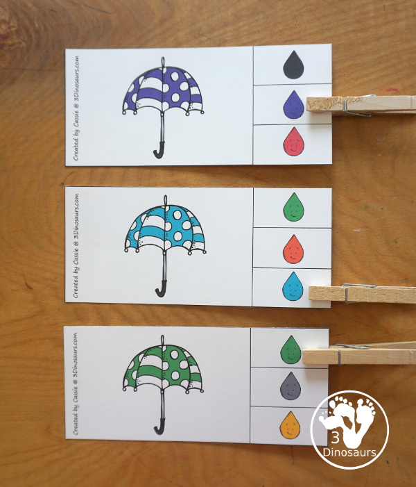 Umbrella Color Pack - You have fun colored umbrellas and raindrops for this fun spring color pack theme. You have easy reader book, clip cards, cards, writing, tracing and more in this fun spring color pack. 3Dinosaurs.com