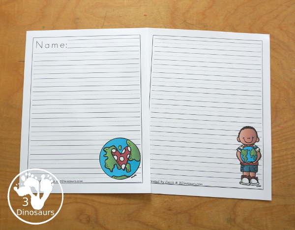 Free Earth Day Writing Paper Printables - You have three Earth day pictures with the Earth with a heart, boy with the Earth, and a girl with a sign about Earth Day. There are a single line option and a guideline option. Perfect for Earth Day writing. 3Dinosaurs.com