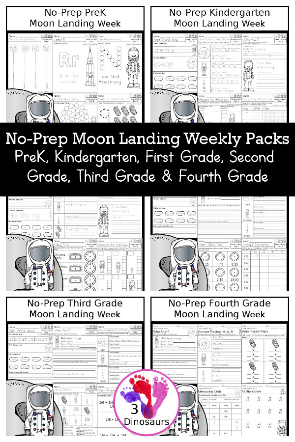 No-Prep Moon Landing Weekly Packs PreK, Kindergarten, First Grade, Second Grade, Third Grade & Fourth Grade with 5 days of activities to do for each grade level with tree words - You will find a mix of math, language, and more - These are easy to use packs for homework and morning work. Easy no-prep printables for kids with four pages for each day. - 3Dinosaurs.com