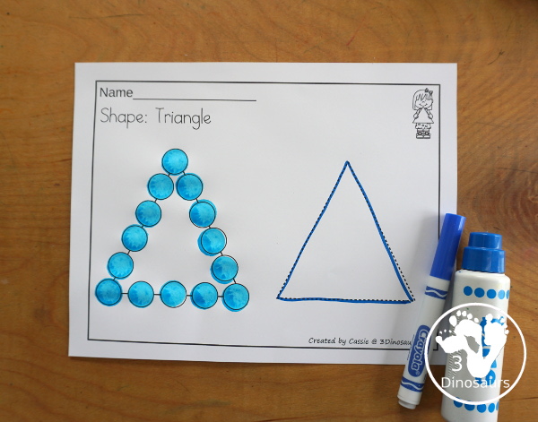 Shape Dot Marker With Tracing Printable has 11 shapes for kids to dot the shape and then trace the shape on the same page. A fine motor printable for shapes that is great for working on shapes. 3Dinosaurs.com