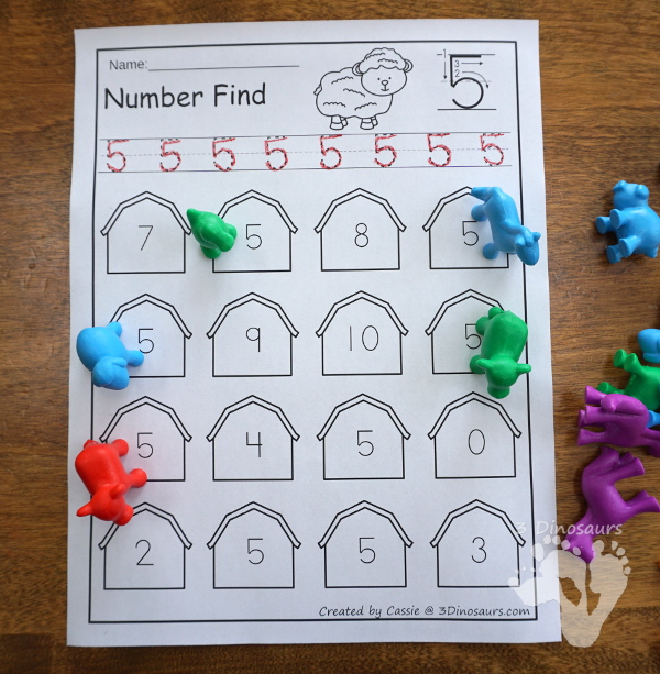 Farm Themed NumberFind- with numbers 0 to 20 with number digit and number word- 3Dinosaurs.com