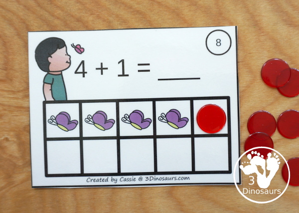 Free Butterfly Addition Ten Frame Cards - 2 sets of cards with matching recording sheet. These are great for individual practice or a math center - 3Dinosaurs.com