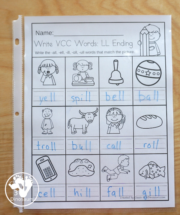 CVCC & CCVCC Word Family Write the Words No-Prep Worksheet | 3 Dinosaurs