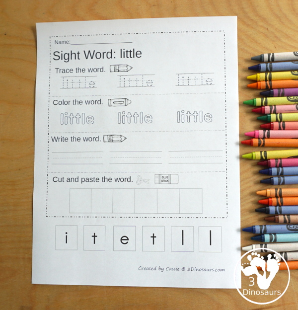 Preprimer Sight Word Trace, Color, Write, Cut & Paste | 3 Dinosaurs