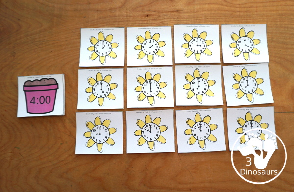 Free Flower Telling Time Matching Cards - with hourly matching cards with analog clock and digital clock with 12 matching paints for each of the hours on a clock - 3Dinosaurs.com