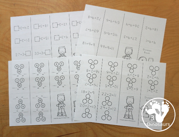 Free Division Small Folding Books Set 4 different types of book options with division from 1 to 12 with read with answers, filled out books, number bonds, and write the equation - 3Dinosaurs.com