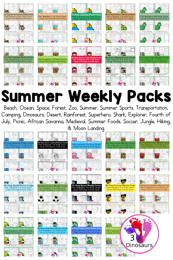 No-Prep Weekly Packs for the Summer for Prek to 4th Grade - You have Ocean, Beach, Zoo, Forest, Space, Summer, Summer Sports, Dinosaurs, Transportation, Camping, Explorer, Superhero, Shark, Desert, Rain Forest, Fourth of July, Summer Foods, Picnic, Medieval, Soccer, Jungle, and African Savanna. You have 4 pages of printables for 5 days for each week. You have prek, kindergarten, first grade, second grade, third grade, and fourth grade in these weekly packs - 3Dinosaurs.com