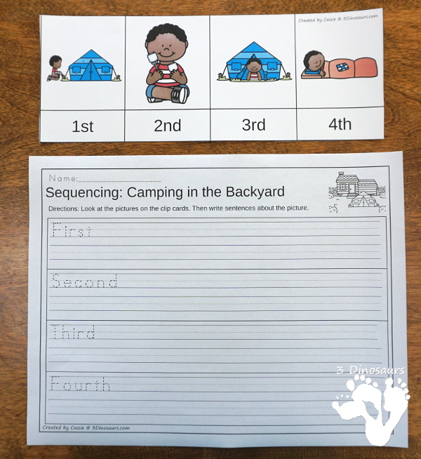 Free Mini Camping in the Backyard Themed Sequencing - with clip cards, writing and cut and paste $ - 3Dinosaurs.com #printablesforkids #sequencingforkids #summerprintables #campingforkids