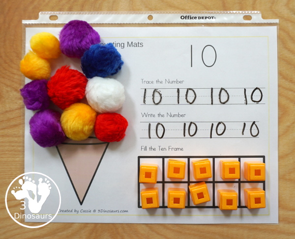 Free Ice Cream Cone Number Counting, Tracing & Writing Mats - it has number 1 to 10 with counting, tracing, writing and a ten frame to fill out - 3Dinosaurs.com #3dinosaurs #kindergarten #prek #numbers #counting #freeprintable