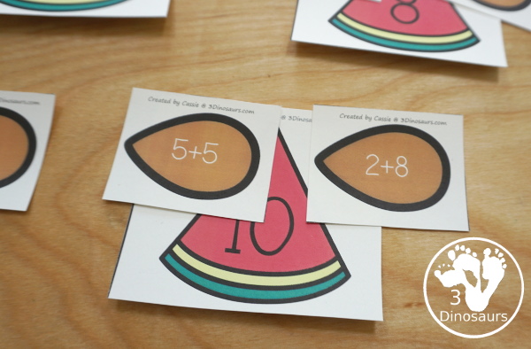 Free Watermelon Addition Matching - with 10 watermelon cards and matching seed cards with addition equations on them - 3Dinosaurs.com #3dinosaurs #kindergarten #firstgrade #math #addition #freeprintable