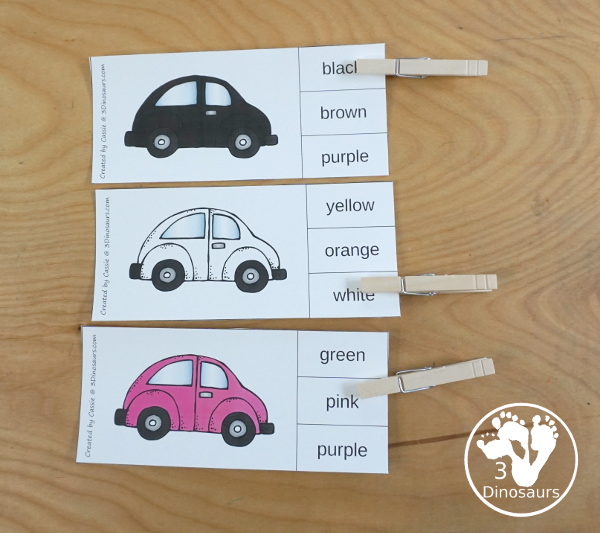 Car Color Pack - with 63 pages of printables with color easy reader book, color clip cards, color tracing strips, color writing strips, color pocket chart cards, color word writing, color word puzzles, and more all to work on learning color words. This is a great transportation theme - 3Dinosaurs.com- - 3Dinosaurs.com