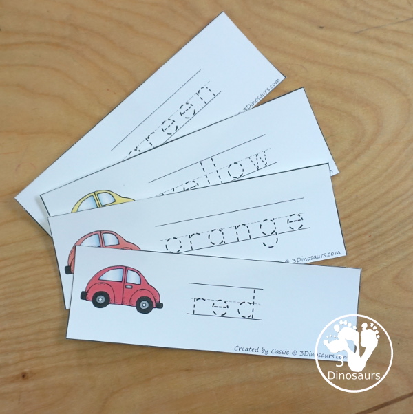 Car Color Pack - with 63 pages of printables with color easy reader book, color clip cards, color tracing strips, color writing strips, color pocket chart cards, color word writing, color word puzzles, and more all to work on learning color words. This is a great transportation theme - 3Dinosaurs.com- - 3Dinosaurs.com