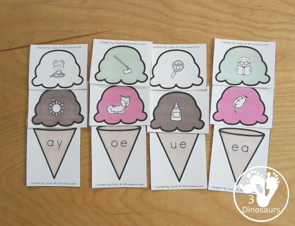 Free Ice Cream Vowel Team Matching Printable - with two matching ovwel team pictures for each ice cream cone. A great hands-on activity for vowel team words.- 3Dinosaurs.com