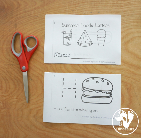 Free Summer Food ABC Easy Reader Book Printable - with 9 fun summer words with tracing an uppercase letter and a simple sentence - 3Dinosaurs.com