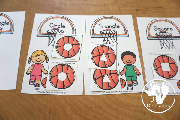 Free Basketball Shape Sorting Printable has sorting for four shapes: circle, square, triangle, rectangle. There are four sorting mats and 6 basketballs for each mat to sort - 3Dinosaurs.com