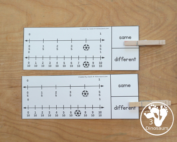 Free Soccer Fractions Number Line Comparing Printable - You have two number lines on each clip card with soccer covering a fraction. You clip is the fraction is the same or different. Plus there is a recording sheet - comes in soccer and football wording - 3Dinosaurs.com
