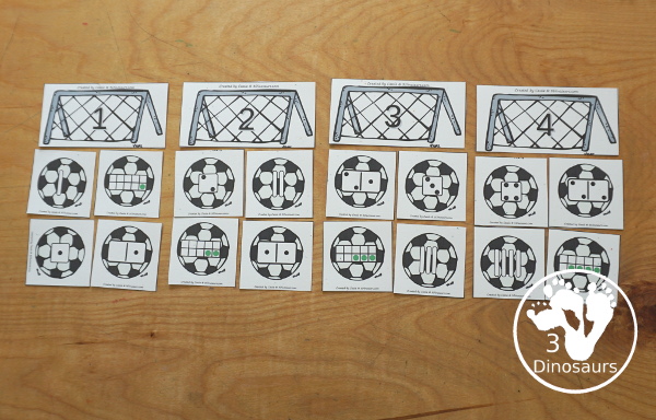 Free Soccer Number Sense Sorting with Numbers 1 to 10 - soccer nets with numbers and soccer balls with tally marks, dominos, ten frames, and dice for sorting. A great kindergarten number printable - 3Dinosaurs.com